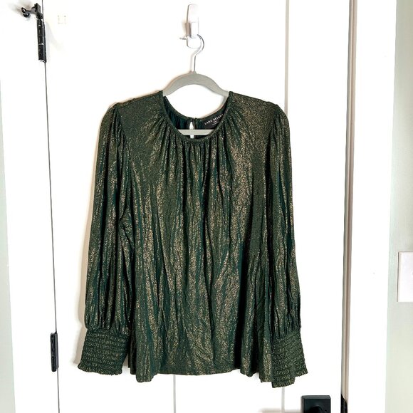 Lane Bryant Green Gold Metallic Smocked Flowy Jersey Knit Top Long Sleeve 18/20 - Picture 2 of 6